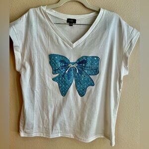 Angelica White Tee with Blue Sequin Bow